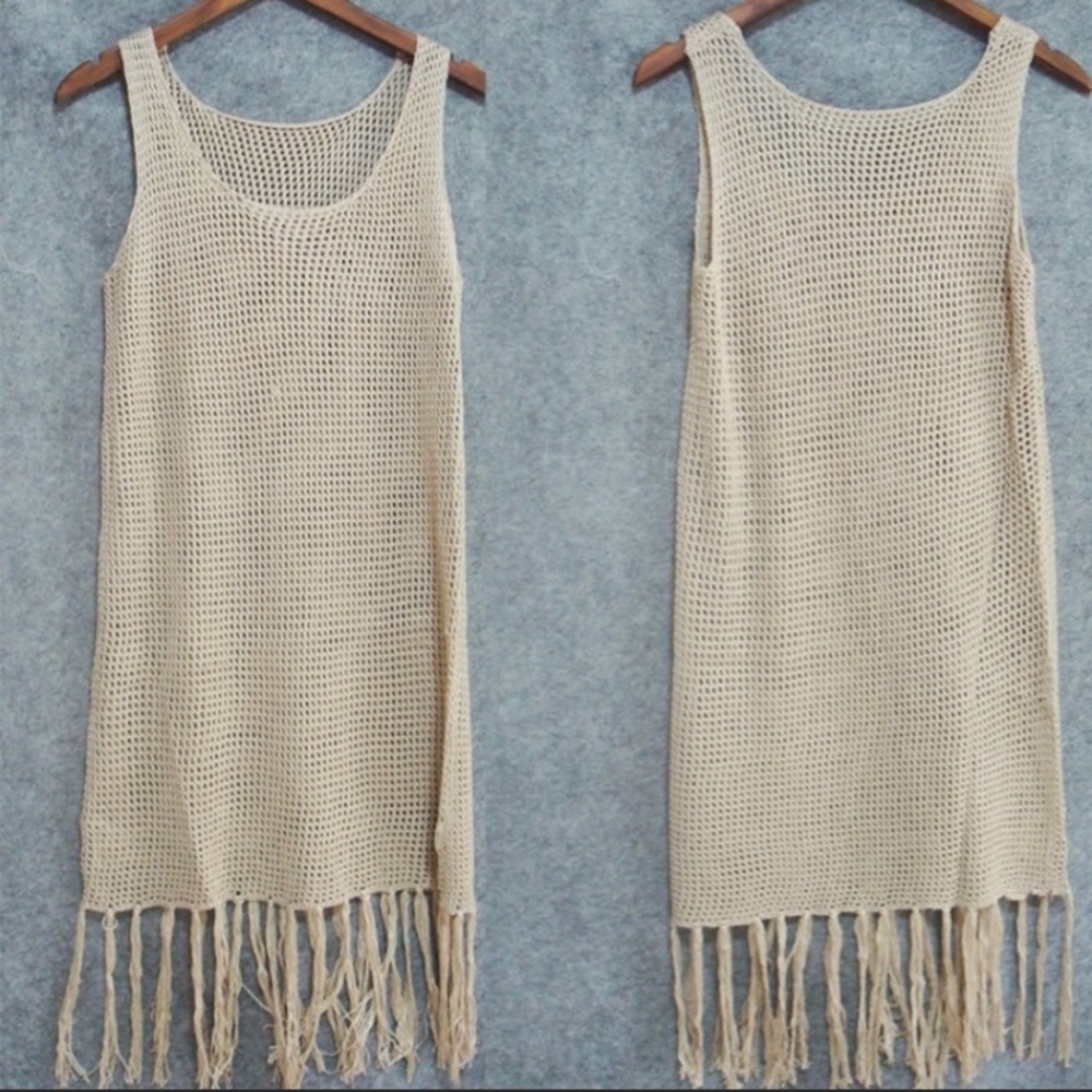 SOLD OUT CLEARANCE Tan Crochet Boho Sleeveless Fishnet Tassel Coverup - Picture 2 of 4